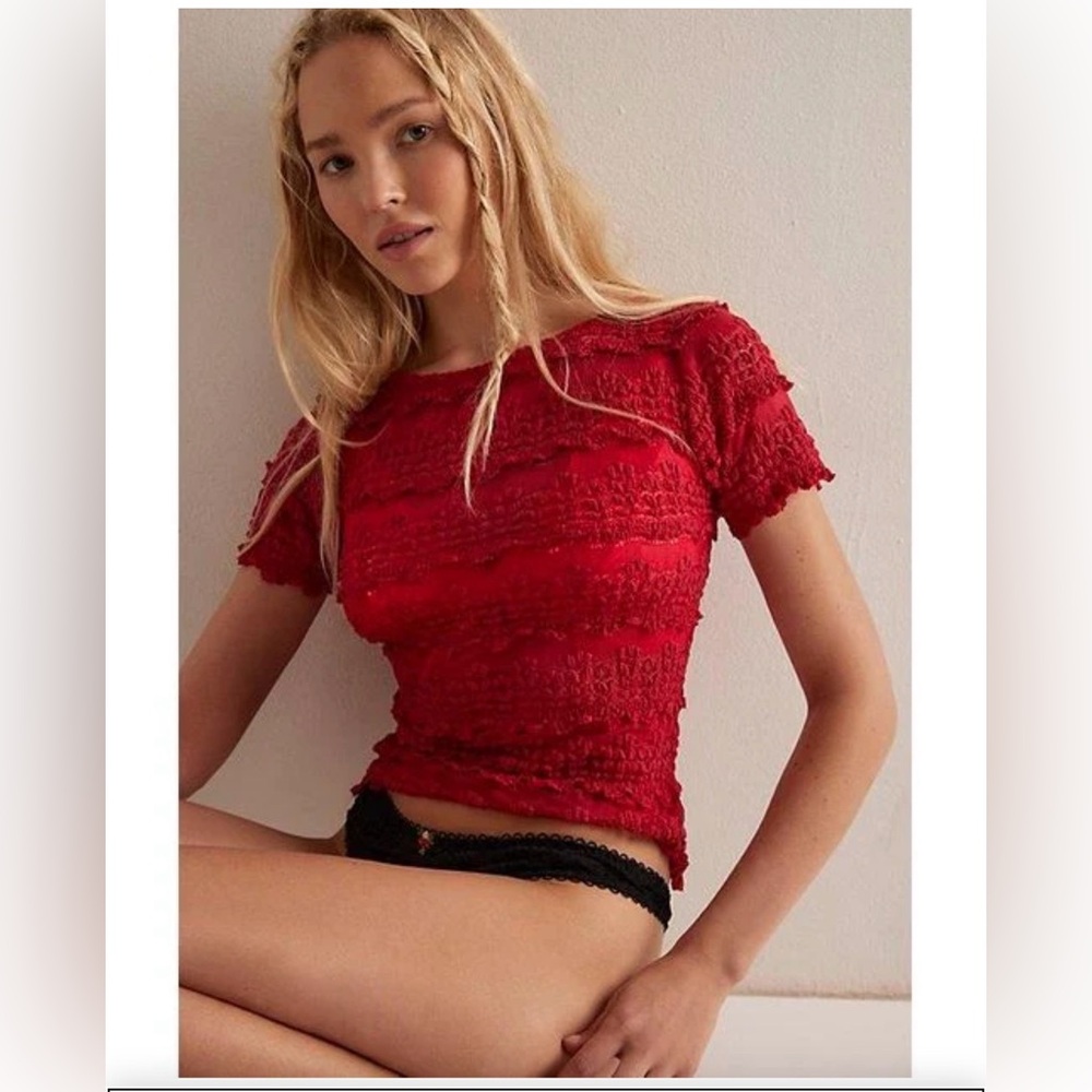 NWOT Free People Red Angelina Lace Tee Shirt Size S